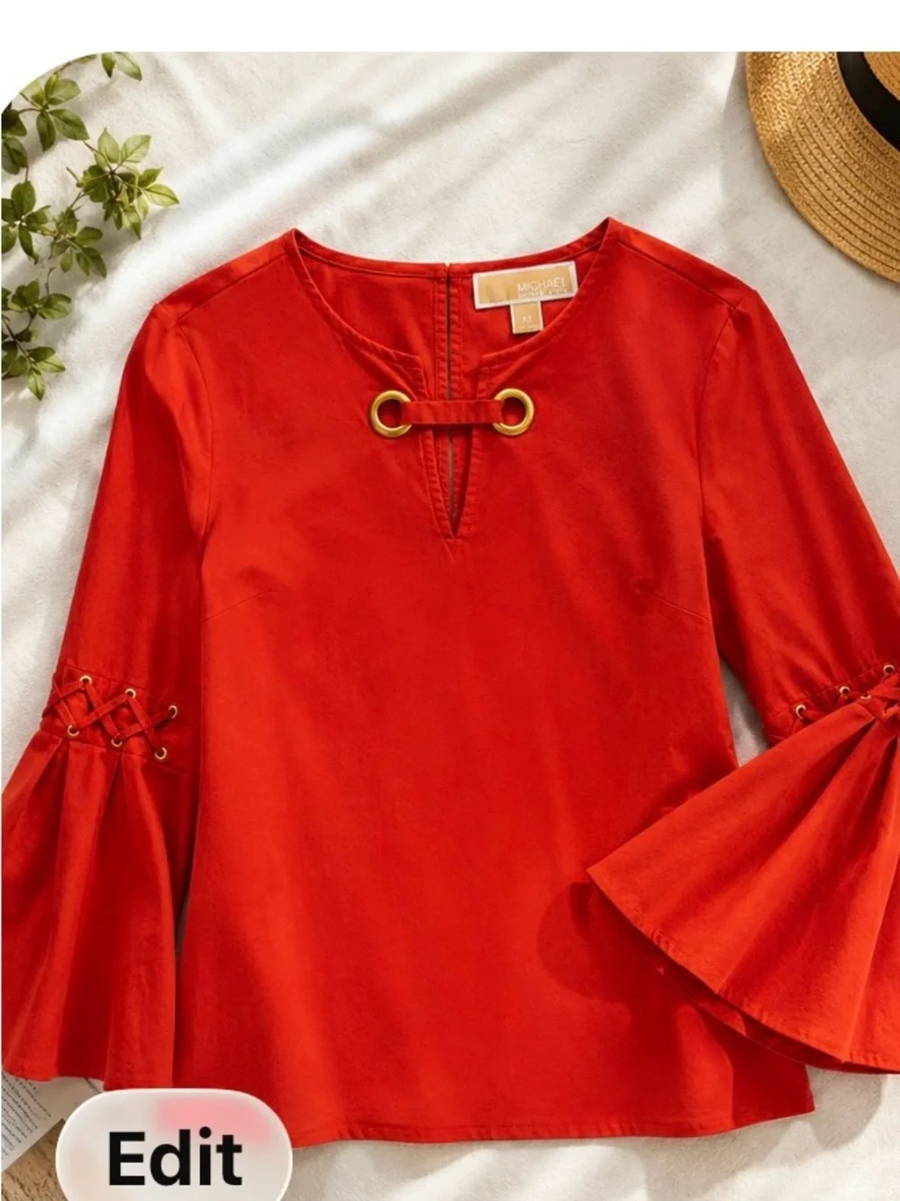 MICHAEL Michael Kors Red Bell Sleeve Grommet Blouse XS Gold Hardware
